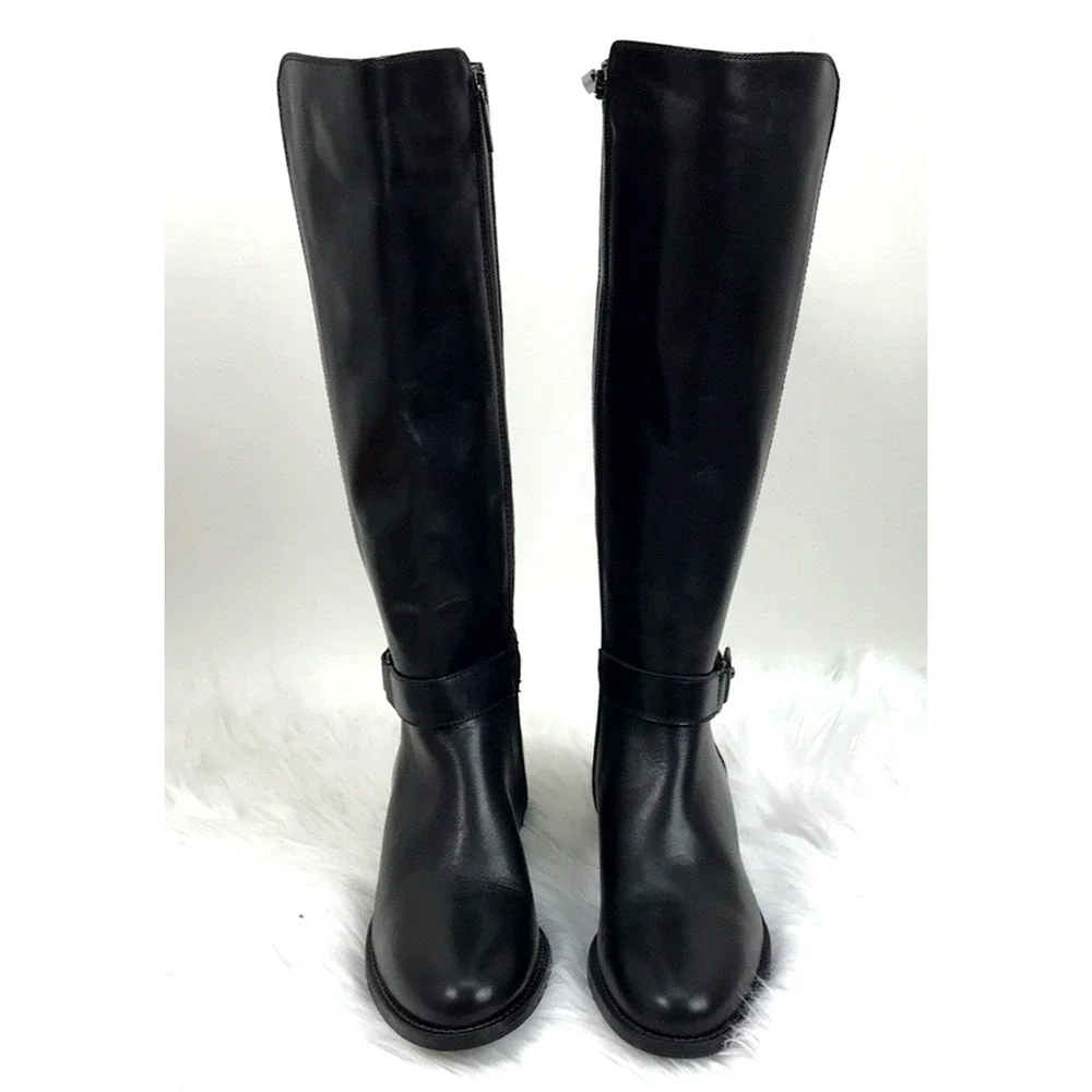 AQUATALIA Olalla Black Leather Knee High Boot Round Toe Riding Block Heel 8